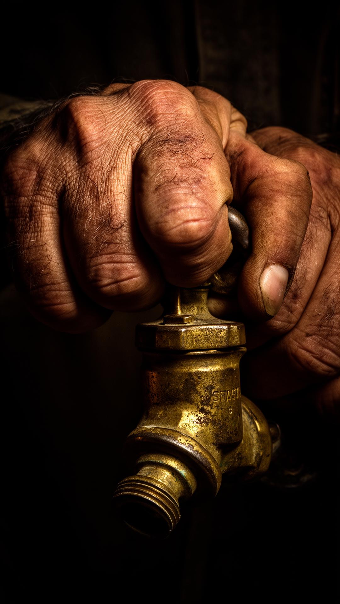 Worker hands gripping a brass pump valve