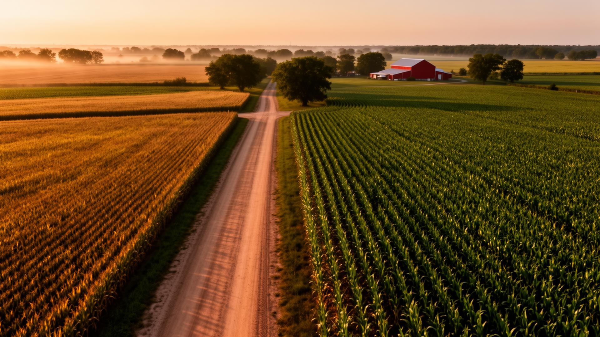 Aerial view of Iowa farmland at golden hour — Harter Custom Pumping service area